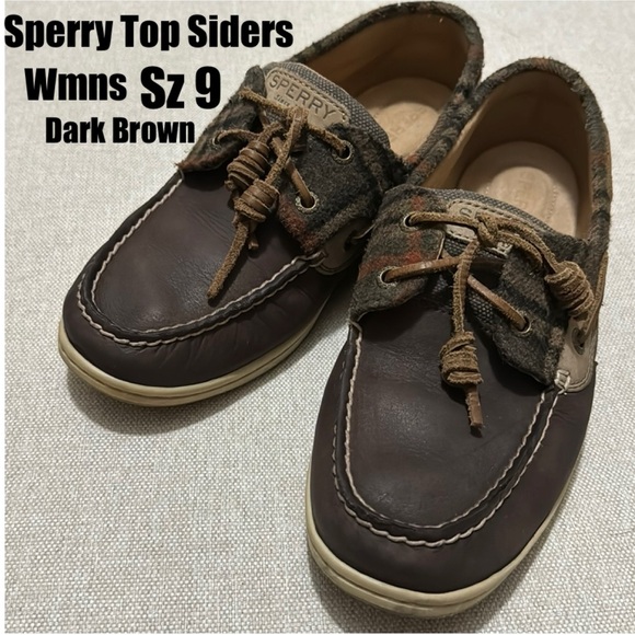 Sperry Top Sider Shoes-Wmns Sz 9-Dark Brown with Plaid Flannel Trim-Leather Ties - Picture 1 of 15